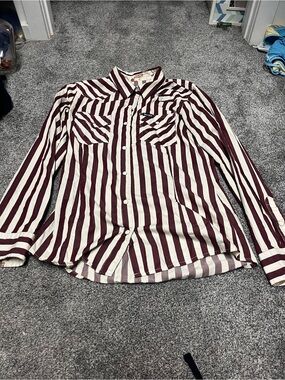 Women's Striped Button-Down Shirt in Burgundy & White